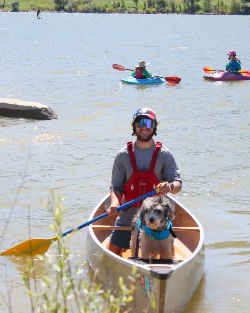 One person paddling a canoe in the foreground and a dog sitting in the front of the canoe in Jackson Hole.