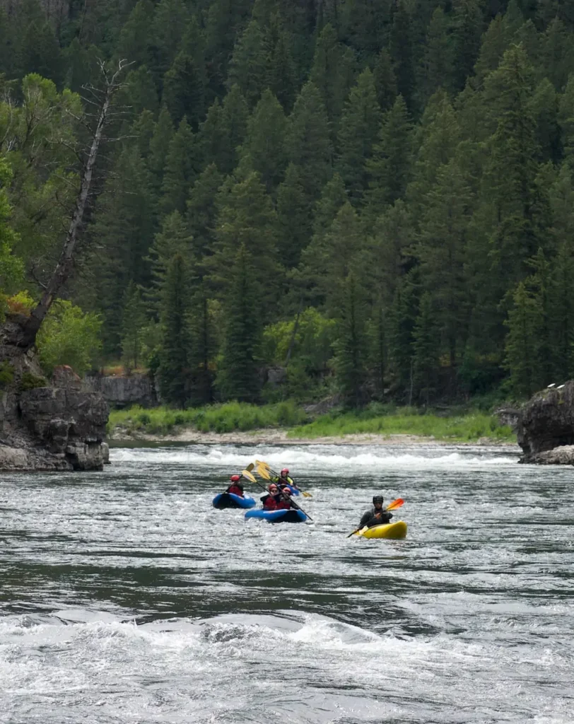 River with visible ripples and small whitewater and rocky riverbanks on both sides in Snake River.