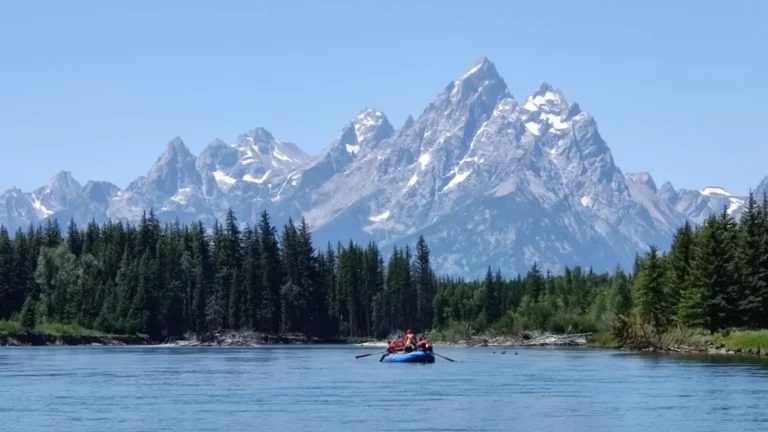 Person in red kayak and white water rapids in Snake River.