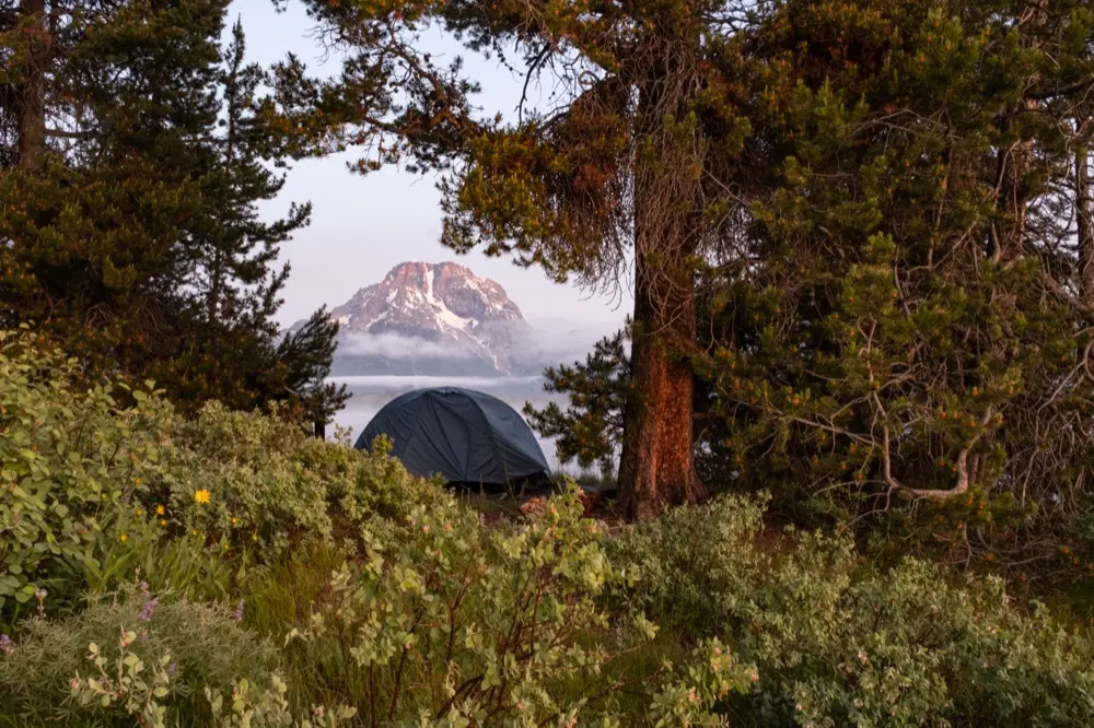 Tent at Spalding Bay campsite with Mount Moran and Skillet Glacier across Jackson Lake.